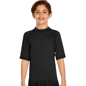A youth short sleeve rashie in black, featuring a simple design and a logo on the chest.