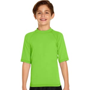 A bright green youth short sleeve rashie with a fitted design and a logo on the front.