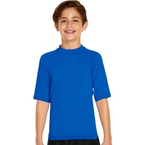 A blue youth short sleeve rashie with UPF 50+ sun protection and a logo. Suitable for outdoor activities.
