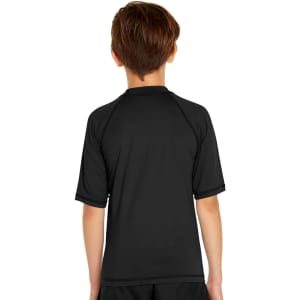 A black youth short sleeve rashie with a UPF 50+ rating, featuring a simple design and a logo.