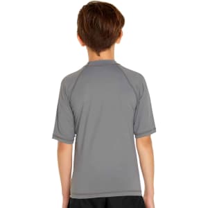 A youth short sleeve rashie in grey, featuring a logo, designed for UV protection.