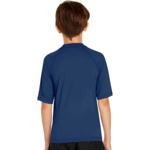 A navy blue youth short sleeve rashie with a round neckline and a logo on the back.