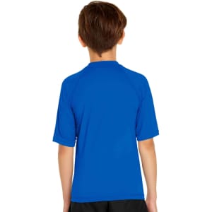 A youth short sleeve rashie in bright blue, featuring a simple design and a comfortable fit. It has a logo on the back.