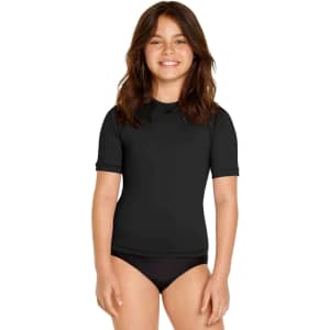 A black youth short sleeve rashie, offering UPF 50+ protection, made from stretchy material. It features a logo.