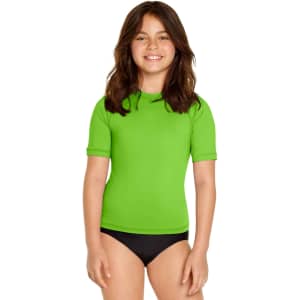 A youth short sleeve rashie in bright green, featuring a round neckline and short sleeves, displayed on a model.