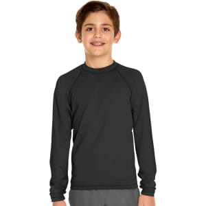 A youth long sleeve rashie in black, featuring a round neckline and raglan sleeves, with a logo on the chest.