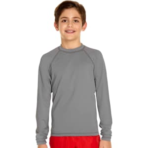 A grey long sleeve rashie with a round neck, designed for youth, featuring a logo on the chest.