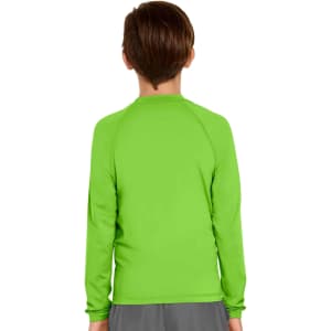 A bright green long sleeve rashie with a UPF 50+ rating, viewed from the back. It features a simple design and has a logo.