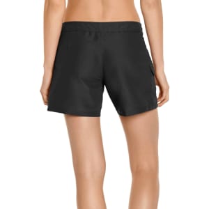 Black women's cargo board shorts with a stylish design and a logo on the waistband. UPF 50+ for sun protection.