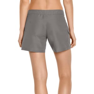 Women’s cargo board shorts in grey with a waistband and a side pocket, featuring a logo. UPF 50+ protection included.