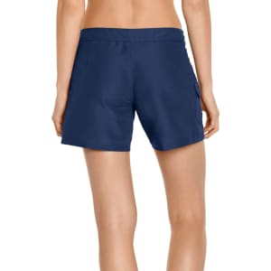 Navy women's cargo board shorts with a simple design and a logo on the side. UPF 50+ protection feature included.