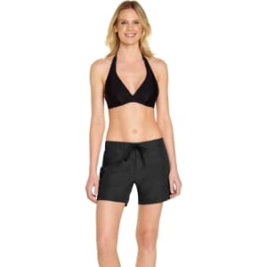 Women's black cargo board shorts with a drawstring, featuring a logo, designed for UPF 50+ sun protection.