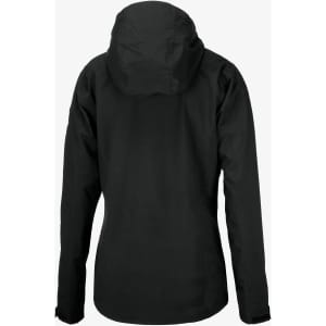 A black rain jacket with a hood, featuring a fitted design and a visible logo.