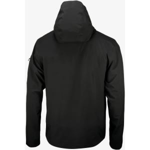A black soft shell jacket with a hood, featuring a simple design and a logo on one sleeve.