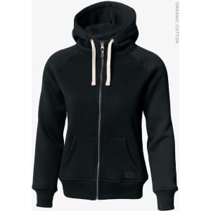 A black hoodie featuring a zip front, drawstrings, and a logo on the pocket. Made from organic cotton.