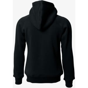 A black women's hoodie featuring a hood and ribbed cuffs, with a logo on the back.