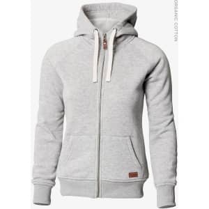 A grey zip-up hoodie with a hood, featuring pockets and a logo on the front. Made from organic cotton.