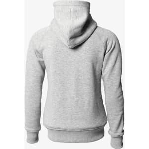 A grey hoodie with a hood and long sleeves, featuring a branded logo on the back.
