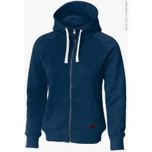 A navy blue zip-up hoodie with a hood and front pockets, featuring a logo on the fabric.