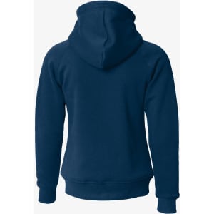 A navy blue hoodie with a kangaroo pocket and a hood, featuring a logo on the back.