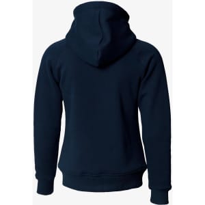 A navy blue hoodie with a hood, featuring a fitted design and ribbed cuffs, displaying a logo on the back.