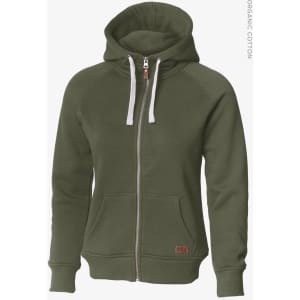 An olive green zip-up women's hoodie with a hood and front pockets. It has a logo on the side.