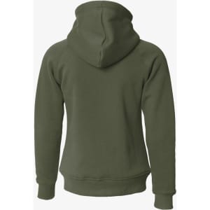 A women's hoodie in olive green with a hood and a fitted design, featuring a logo.
