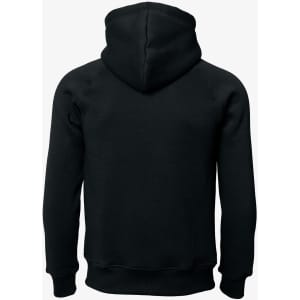 A black hoodie with a hoodie design and a simple, unembellished back view. It features a logo.