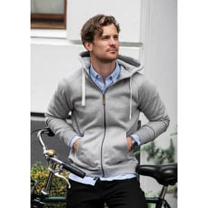 A grey hoodie with a zipped front and drawstrings, worn by a man sitting beside a bicycle.