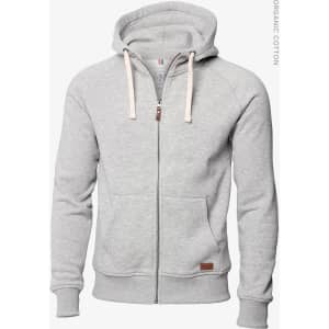 A grey hoodie with a zip front, drawstring hood, and a logo. Made from organic cotton.