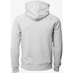 A grey hoodie with a hood and long sleeves, featuring a simple design with no visible logos.