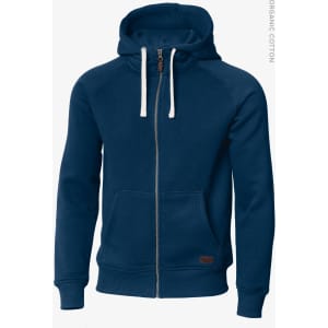 A blue hoodie jacket with a zip front, drawstring hood, and a pocket, featuring a logo on the side.