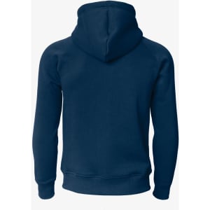 A navy blue hoodie with a hood and long sleeves, featuring a logo on the back.