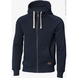 A navy hoodie jacket with a zip front, drawstring hood, and a small branding label. Made from organic cotton.