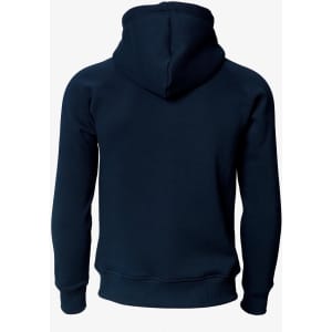 A navy hoodie with a front pocket and a hood, featuring a snug fit and ribbed cuffs. It has a branding logo.