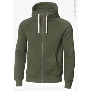 A green zip-up hoodie with a hood, featuring a front pocket and a small logo.