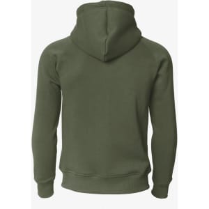 A green hoodie with a fitted hood and long sleeves, featuring a simple design on the back.