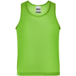 A green mesh singlet with a round neck and wide armholes, featuring a branding logo.