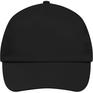 A black 5-panel cap with a lightly laminated finish, featuring a curved brim and a logo.