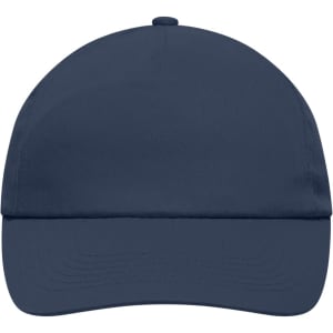 A navy blue 5-panel cap with a curved brim and a logo on the front.