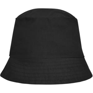 A black bucket hat featuring a wide brim and a textured finish, with a logo on the side.
