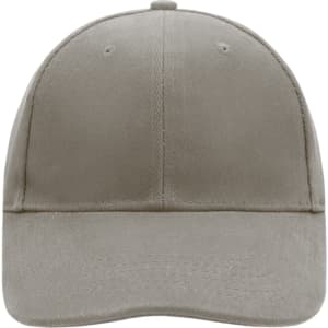 A grey 6 panel cap with a rounded brim and an embroidered logo on the front.