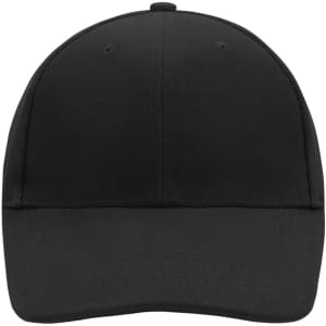 A black low-profile 6-panel cap with a rounded crown and a logo on the front.