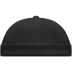 A black 6-panel chef cap with a rounded top and ribbed band. The cap features a logo on the front.