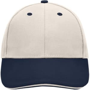 A beige and navy 6 panel sandwich cap featuring a logo on the front.
