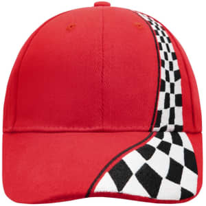 A red racing cap featuring a checkered flag design along the side and a logo on the front.