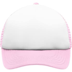 A pink and white 5-panel polyester mesh cap for kids with a solid front and mesh sides, featuring a logo.