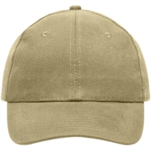 A heavy cotton, six-panel cap in a beige colour, featuring a logo on the front.