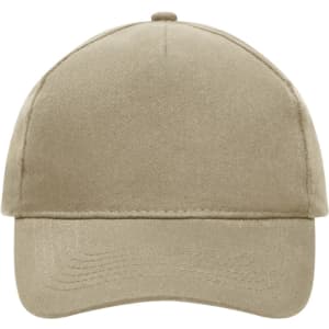A 5-panel cap made of heavy cotton in a beige colour, featuring a logo on the front.