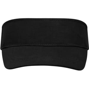 A black sun visor featuring a wide brim and an adjustable strap. It has a logo on the front.